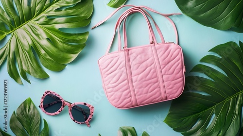 Summer fashion collage with handbag, sunglasses, and tropical leaf on flat lay photo