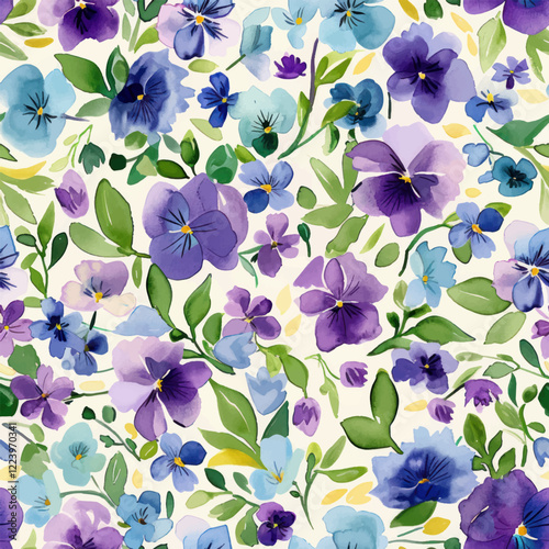 Cute watercolor pansies in shades of purple and blue, seamless pattern. Watercolor print in rustic vintage style, textile or wallpapers.
