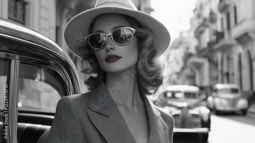 Elegant woman in 1940s style hat and sunglasses, posing by a vintage car. photo