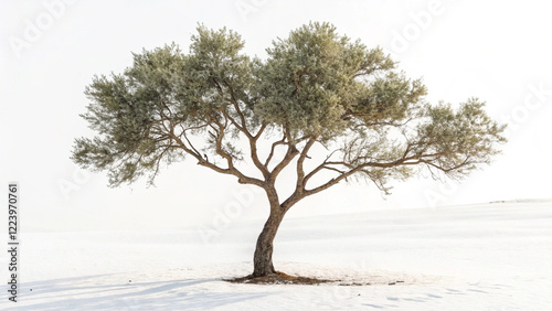 A solitary olive tree stands on a white sandy beach, with the sky as a backdrop