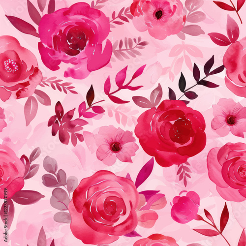 Cute pink and red roses, pink background watercolor floral seamless pattern. Watercolor print in rustic vintage style, textile or wallpapers.