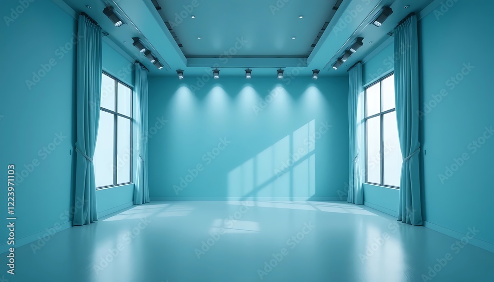 Fototapeta premium Empty Turquoise Room With Windows and Track Lighting
