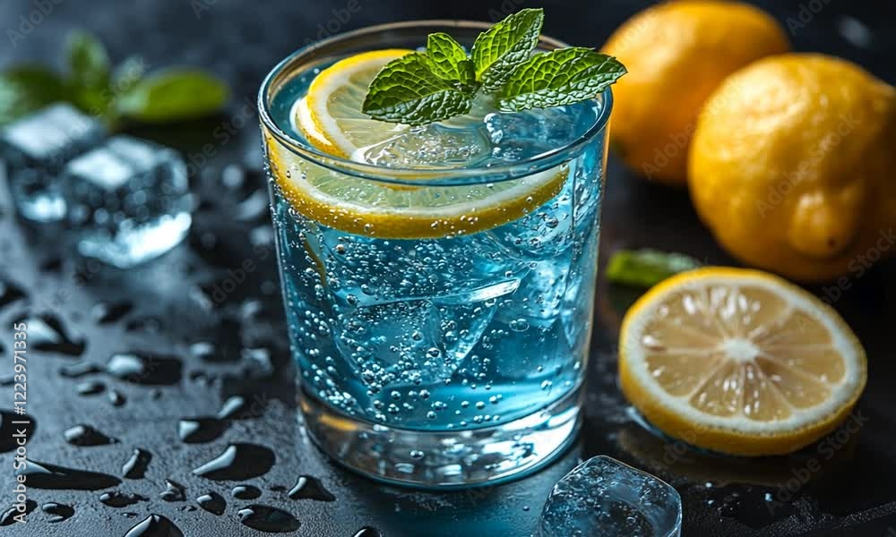 Refreshing blue drink with lemon slices and mint leaves on a dark surface with ice cubes