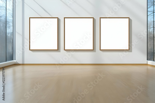 Gallery mockups, empty frames, sunlight, wood floor