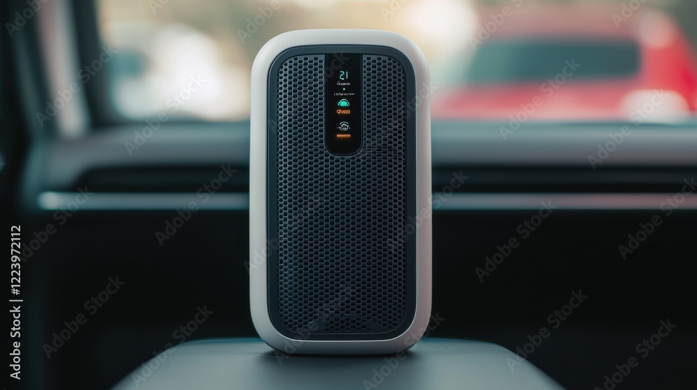 Obraz premium PM2.5 protect concept. Compact Portable Air Purifier Device in Modern Car Interior Dashboard