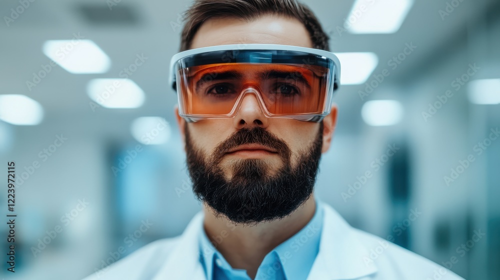A focused scientist in a lab coat and protective goggles, conveying professionalism and dedication in a research environment. A focused scientist in a lab coat and protective goggles, conveying professionalism and dedication in a research environment.