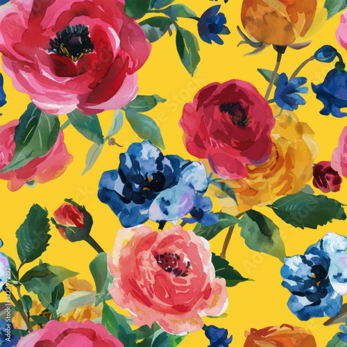 Cute floral pattern with bold, colorful roses on a yellow background, watercolor floral seamless pattern. Watercolor print in rustic vintage style, textile or wallpapers.