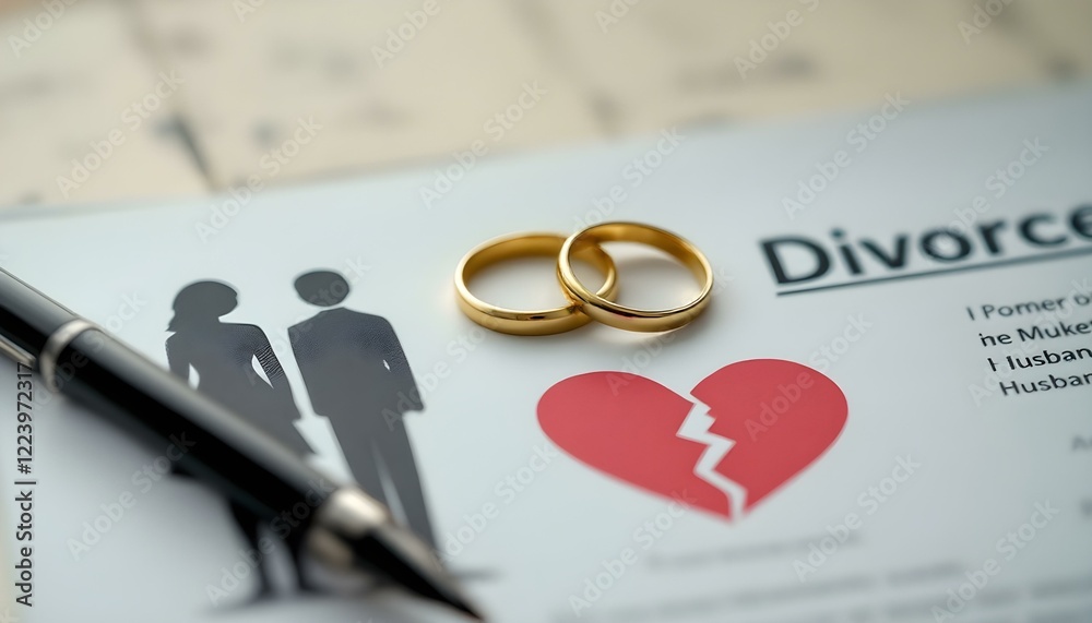 Fototapeta premium Husband and wife placed on a divorce document with two gold rings in the center and a broken red heart symbol below.