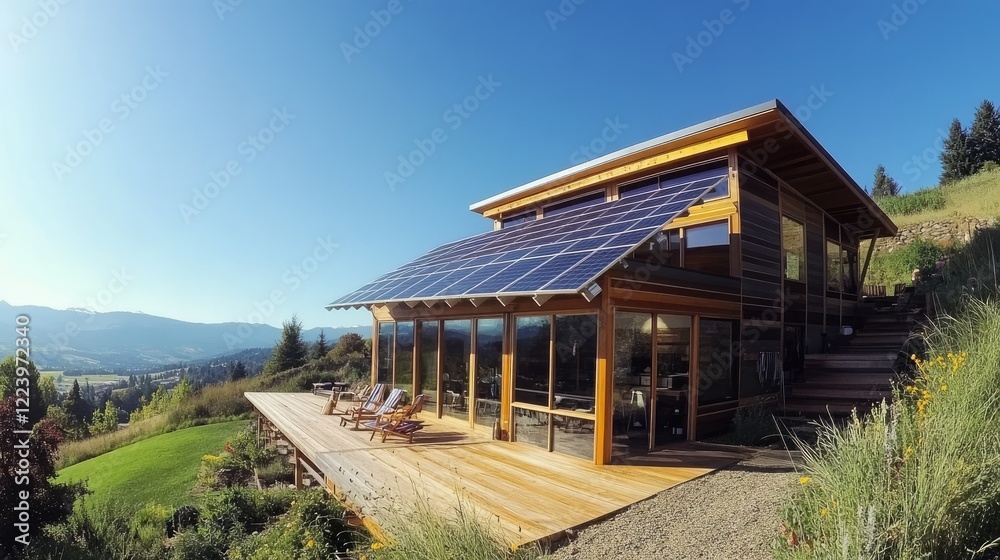Wide-angle shot of solar panels integrated into a modern eco-friendly home, with the blue sky in the background Wide-angle shot of solar panels integrated into a modern eco-friendly home, with the blue sky in the background