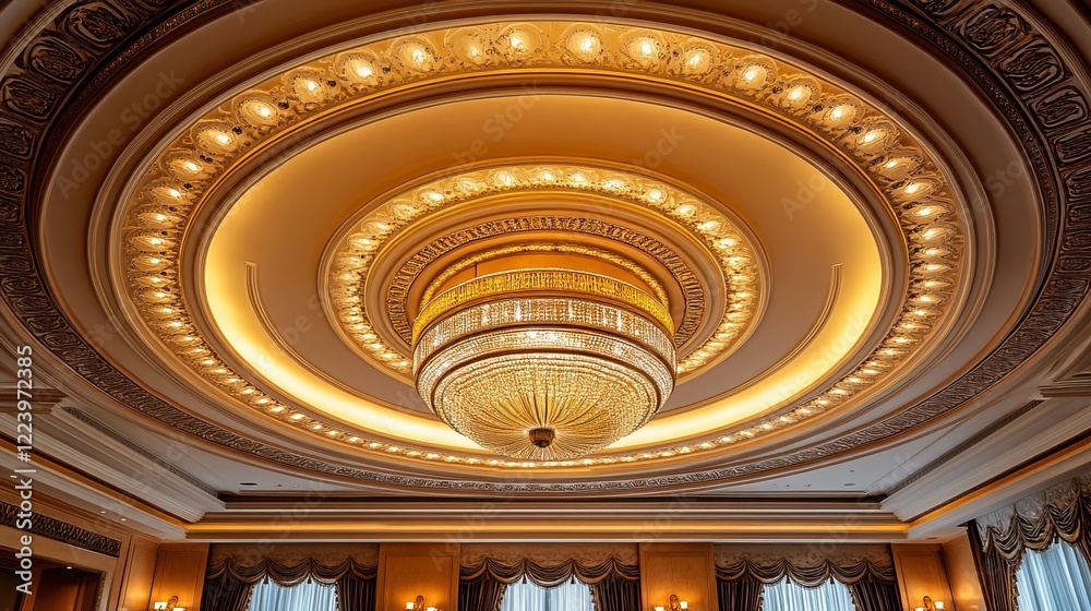 Obraz premium Elegant Interior of a Spacious Room Adorned with Opulent Chandeliers Casting Warm Light on Luxurious Furnishings Creating a Grand and Inviting Atmosphere for Social Gatherings and Celebrations