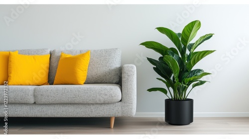 PM2.5 protect concept. Cozy and Sophisticated Living Room with Stylish Furnishings and Lush Potted Plant