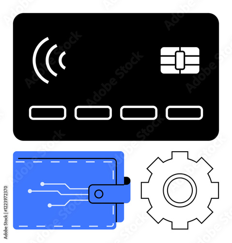 Contactless card, digital wallet with circuitry, and gear icon imply seamless payments, fintech, and innovation. Ideal for digital banking, e-commerce, security, mobile wallets tech tools network