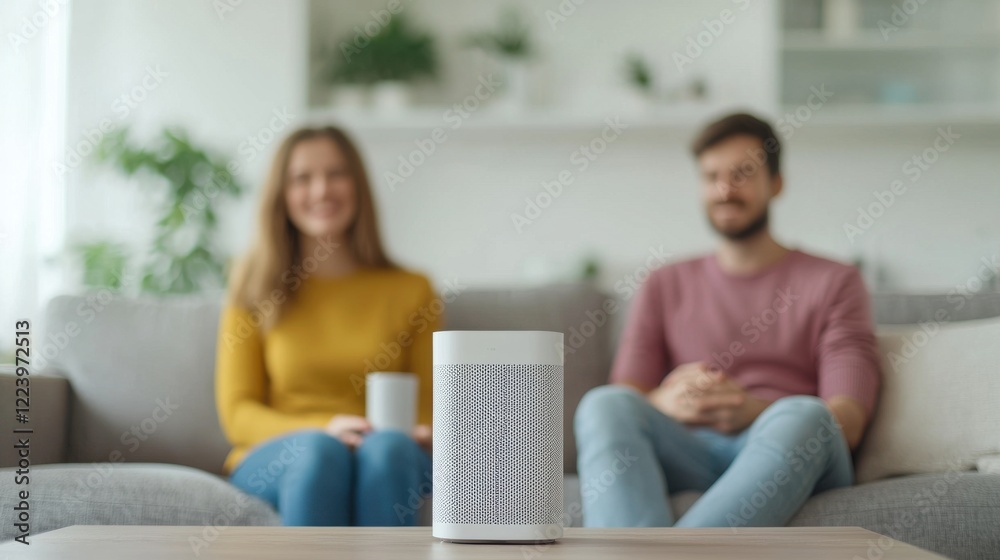 PM2.5 protect concept. Family Relaxing on Couch with Air Purifier in Cozy Home Interior PM2.5 protect concept. Family Relaxing on Couch with Air Purifier in Cozy Home Interior