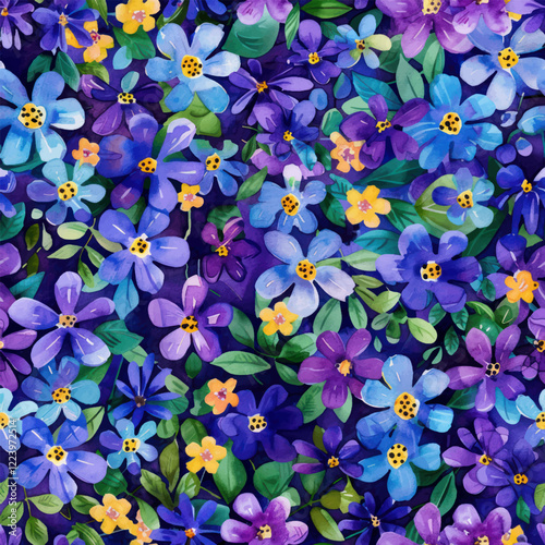 Cute  purple and blue forget-me-nots in full bloom watercolor floral seamless pattern. Watercolor print in rustic vintage style, textile or wallpapers.