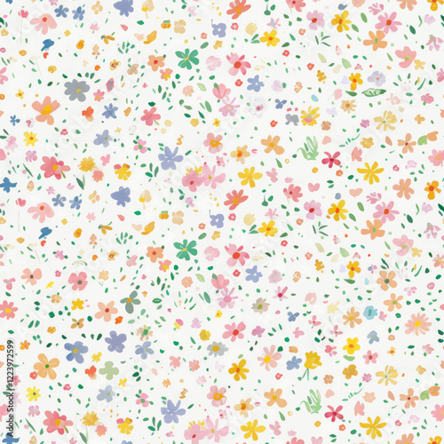 Cute small, pastel-colored spring flowers and leaves watercolor floral seamless pattern. Watercolor print in rustic vintage style, textile or wallpapers.
