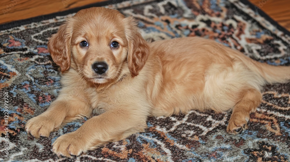 A cute Golden Retriever puppy lying on a cozy rug, looking up with big, innocent eyes.