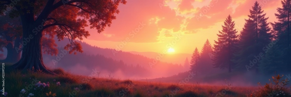 Soft pink sky with yellow pastels at sunset in a peaceful forest landscape, sunset, calm Soft pink sky with yellow pastels at sunset in a peaceful forest landscape, sunset, calm