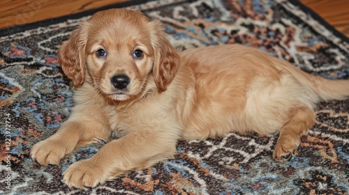 Obraz na płótnie A cute Golden Retriever puppy lying on a cozy rug, looking up with big, innocent eyes.