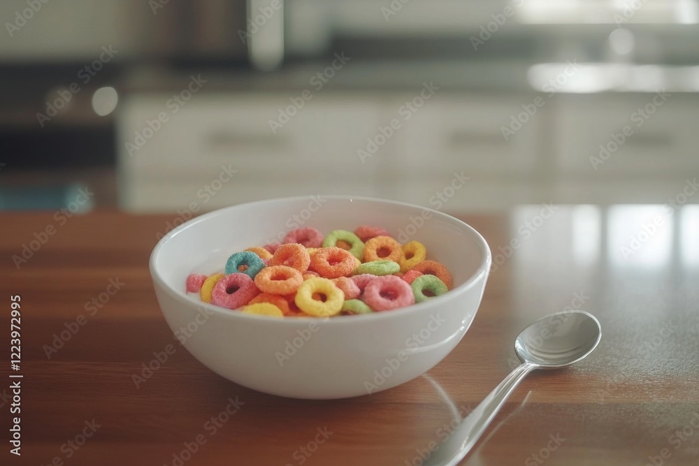 Ring cereal in a white bowl on the table , Generative AI Ring cereal in a white bowl on the table , Generative AI