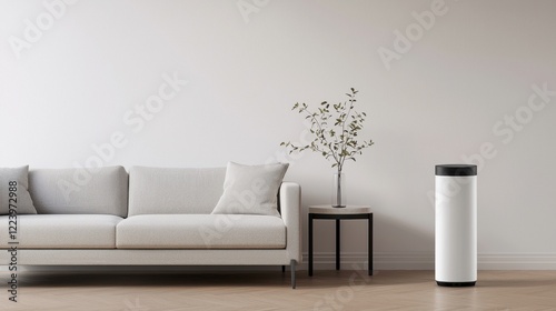 PM2.5 protect concept. Minimalist Living Room With Air Purifier in Serene Open Plan Space