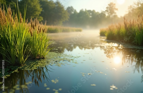 Calm wetland area at dawn. Rich green plants, reeds grow by tranquil water. Misty morning sun shines on calm water surface. Nature based solutions for climate change like restored wetlands. Eco photo