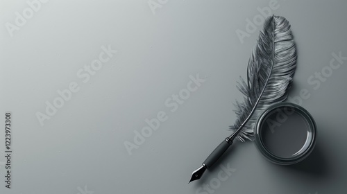 Antique feather pen on gray wall background. Retro style photo