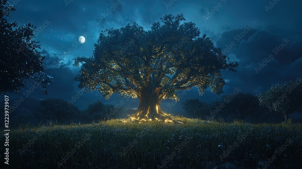 Glowing ancient oak tree at night in a field, moonlit sky. Glowing ancient oak tree at night in a field, moonlit sky.