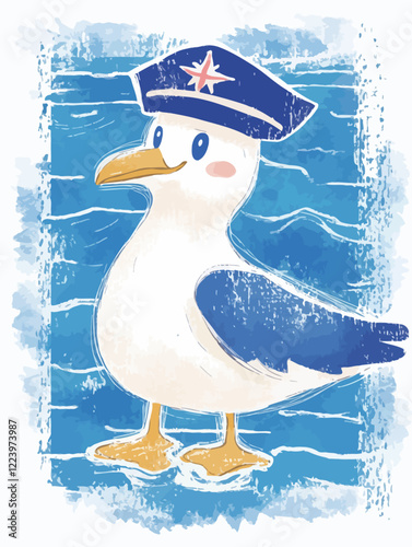 Cartoon Seagull in Sailor Outfit on Blue Ocean Background for Nautical-Themed T-Shirt Design
