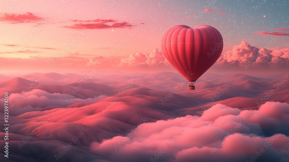 Fototapeta premium Romantic Heart-Shaped Hot Air Balloon Above Serene Pink Landscape