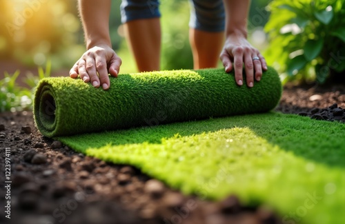 Person unrolls fresh sod roll in backyard. Homeowner lays new turf on prepared ground. Sunny afternoon scene. Landscaping project. Manual labor. Green area. Tranquil outdoor setting. Home