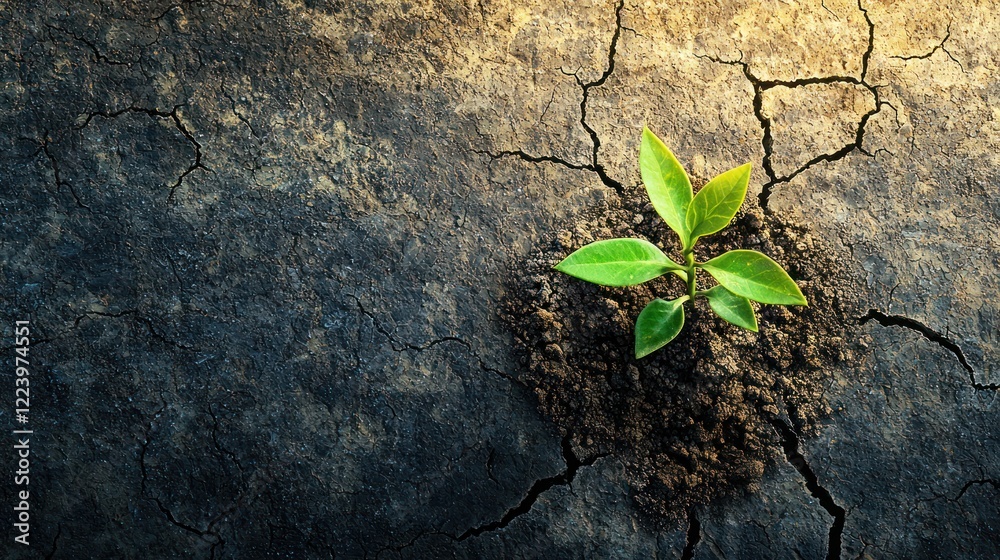 A dry, cracked earth with sparse vegetation, symbolizing the effects of global warming.