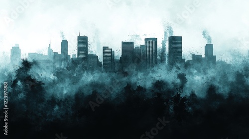 Abstract fluid ink wash illustration depicting a swirling city skyline with corporate buildings and negative space, perfect for morning atmosphere and modern design concepts photo