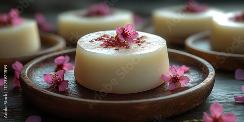 Daifukumochi Japanese Dessert on Wooden Plate with Cherry Blossom Petals photo