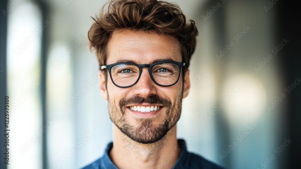 A smiling man with glasses, showcasing a confident expression, set against a blurred background. A smiling man with glasses, showcasing a confident expression, set against a blurred background.