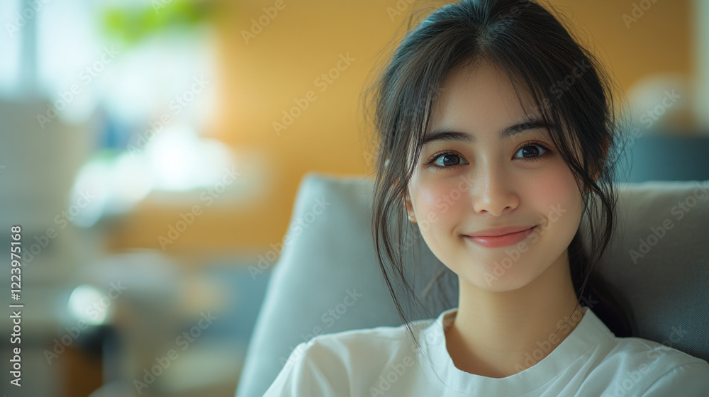 young woman with long hair smiles warmly while sitting in modern office environment. Her casual outfit and relaxed posture convey sense of comfort and approachability young woman with long hair smiles warmly while sitting in modern office environment. Her casual outfit and relaxed posture convey sense of comfort and approachability
