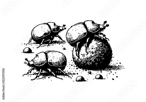 Dung Beetle hand drawn Illustration Sketch Vector Isolated