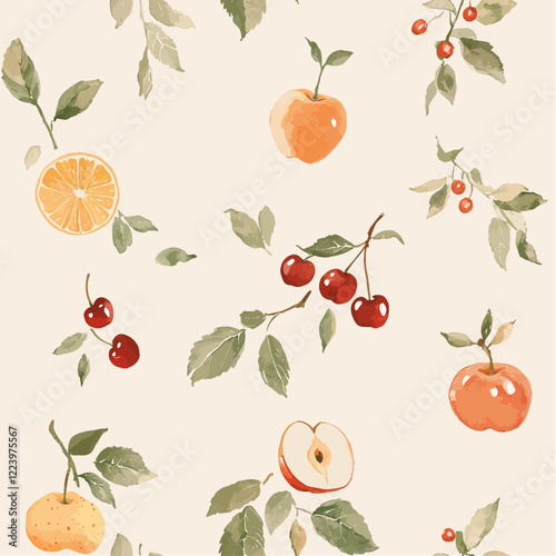 Seamless fabric pattern of apples in colorful and vibrant vector illustration