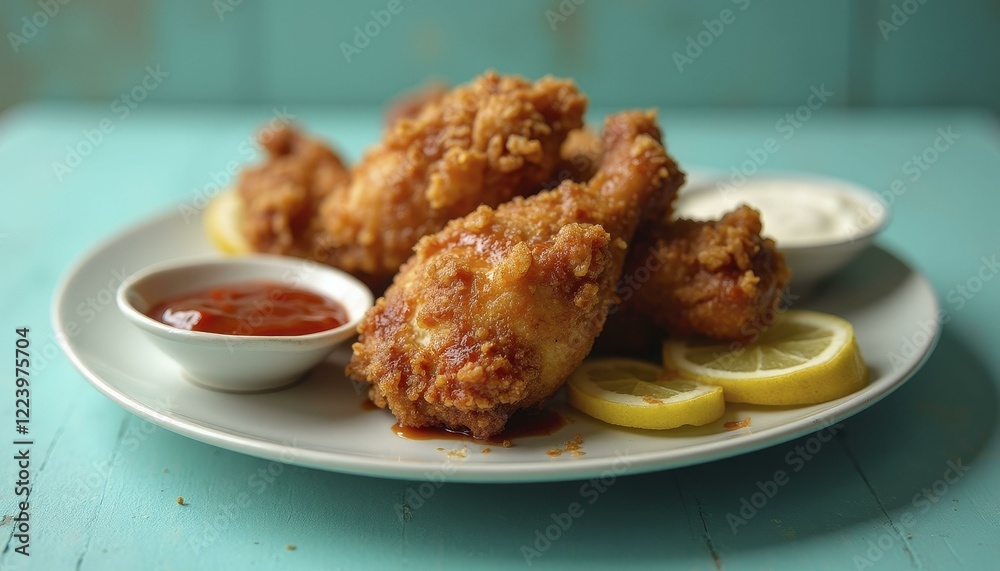 Golden Brown Crispy Fried Chicken with Lemon, Ketchup, and Creamy Dip Golden Brown Crispy Fried Chicken with Lemon, Ketchup, and Creamy Dip