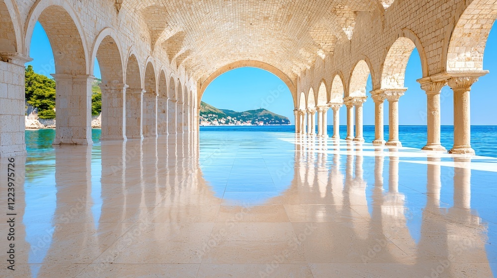 Coastal colonnade reflecting ocean, island backdrop; travel brochure