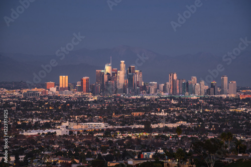 Downtown Los Angeles city skyline at sunset
