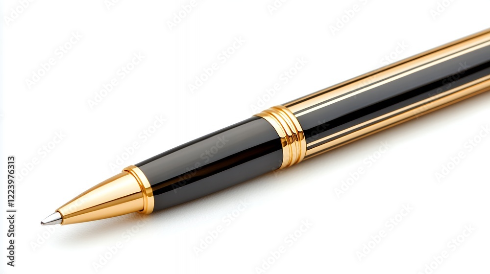 Close-up of a luxurious black and gold ballpoint pen on a white background showing elegant design and fine tip. Close-up of a luxurious black and gold ballpoint pen on a white background showing elegant design and fine tip.