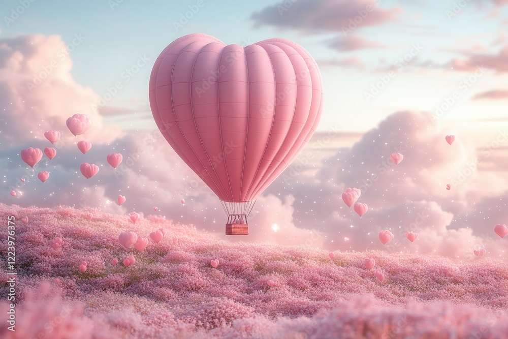 Fototapeta premium Heart-Shaped Balloon Floating Above a Pink Flower Field at Sunset