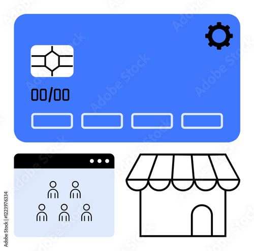 Credit card with chip, user interface browser icon, and storefront outline suggest digital payment, e-commerce, online shopping, consumer accessibility. Ideal for fintech, retail, innovation