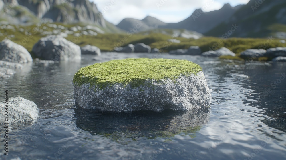 Mossy rock in mountain stream, serene landscape; nature background for websites Mossy rock in mountain stream, serene landscape; nature background for websites