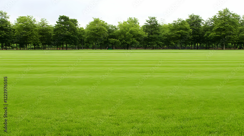 Lush green field, tree line background, park Lush green field, tree line background, park