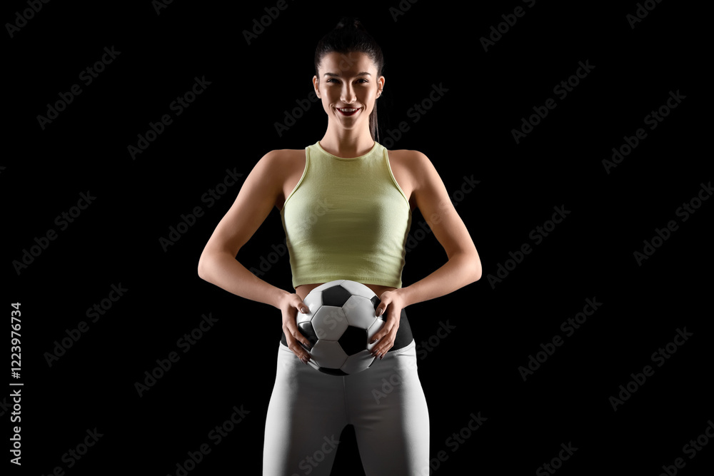 Sporty young woman with soccer ball on black background Sporty young woman with soccer ball on black background
