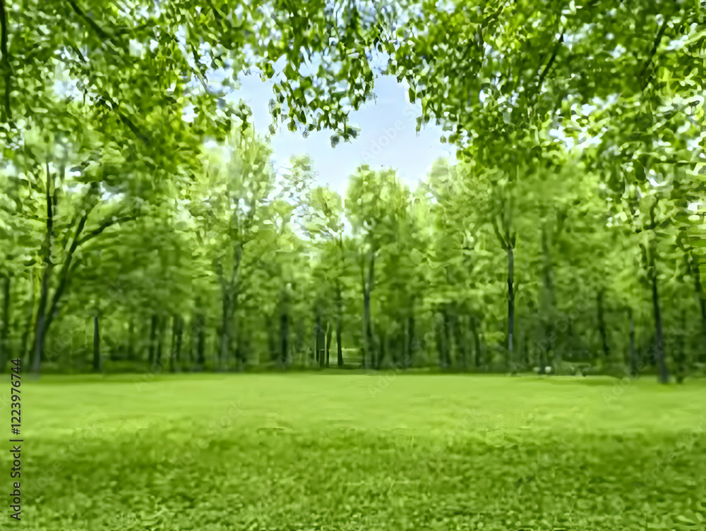 Lush green forest, summer day, park, calm