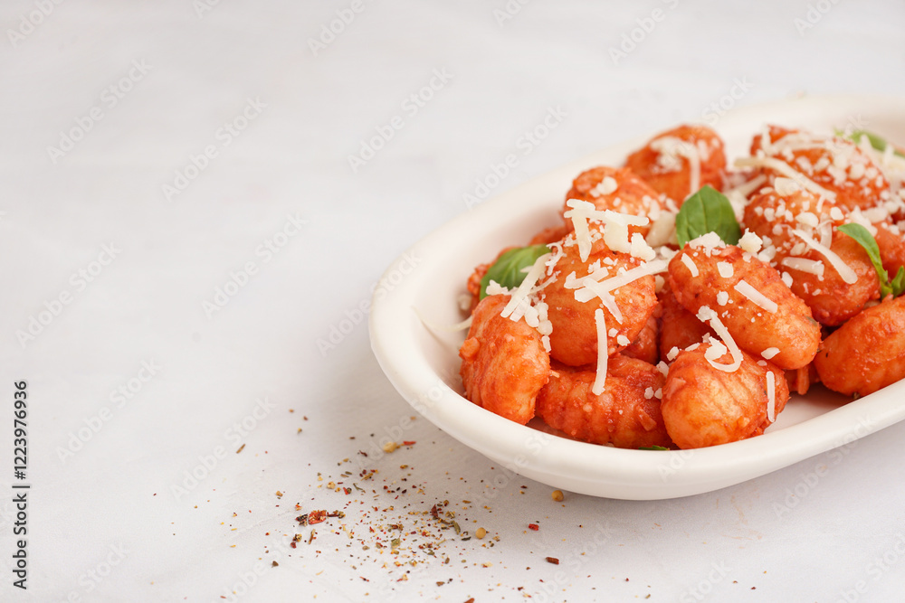 Plate of tasty gnocchi with tomato sauce and cheese on white background Plate of tasty gnocchi with tomato sauce and cheese on white background