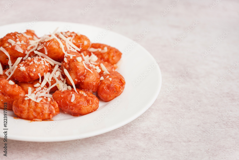 Plate of tasty gnocchi with cheese on white background Plate of tasty gnocchi with cheese on white background
