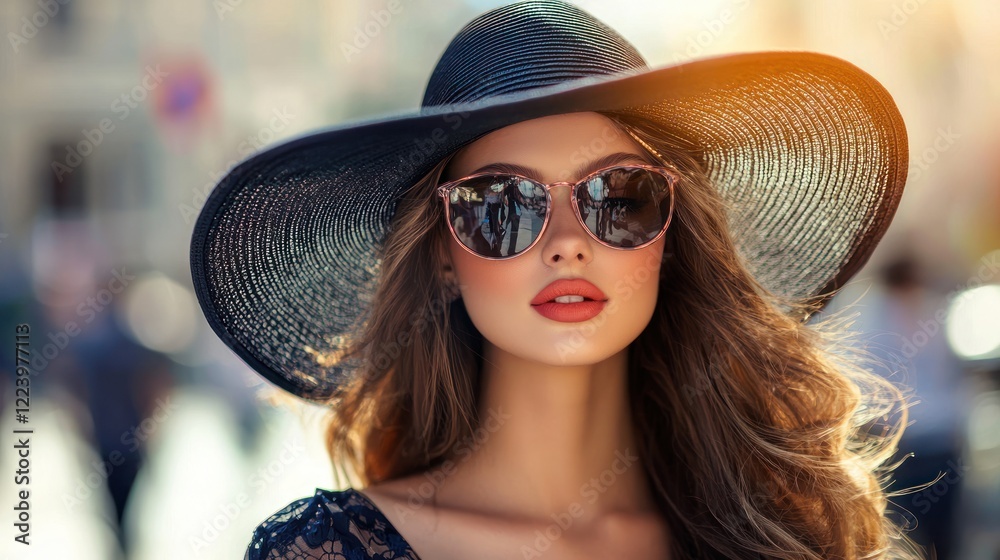 A fashionable girl with a floppy hat, walking down a city street on a sunny day.
